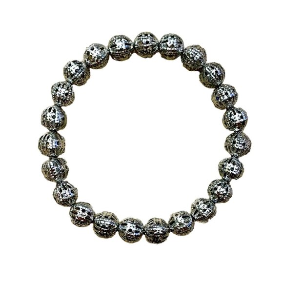 Silver Toned Beaded Stretch Bracelet One Size with Intricate Detailing - Picture 2 of 8
